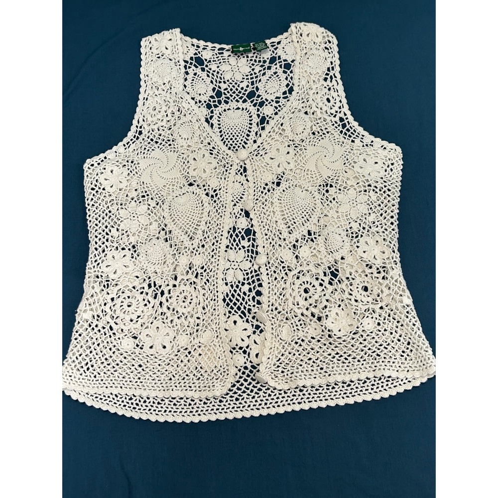 Hunt Club Vintage Crochet Vest XL Cream Floral Heart Knit Button Front Boho